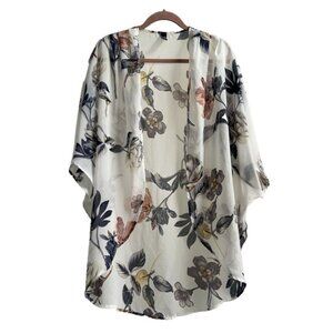 Satin White Floral Robe Kimono Style Open Front Size XL